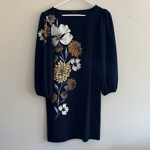 Ann Taylor Navy Floral Puff-Sleeve Shift Dress with Gold and White Blooms